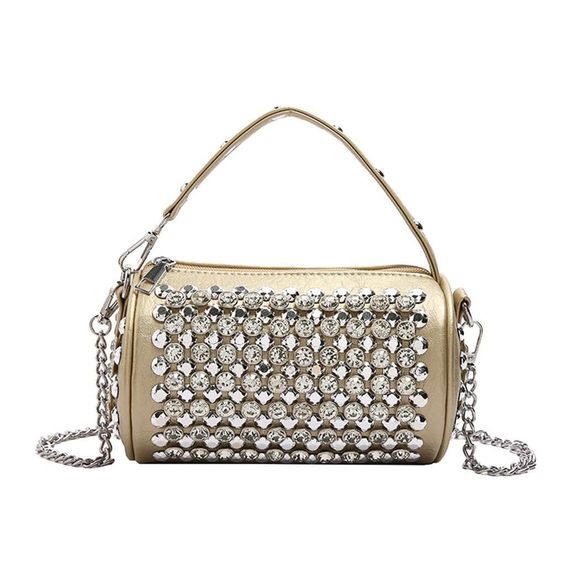 Rhinestone Cylinder Crossbody Bag Sparkling Barrel Purse Mini Tote, T_T - Picture 1 of 5